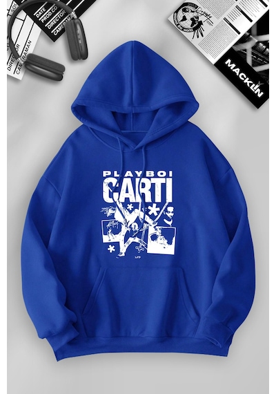 Macklin Unisex Kadın Erkek Playboi Carti Özel Tasarım Baskılı Kapşonlu Sweatshirt Mavi Mck1101 Mavi