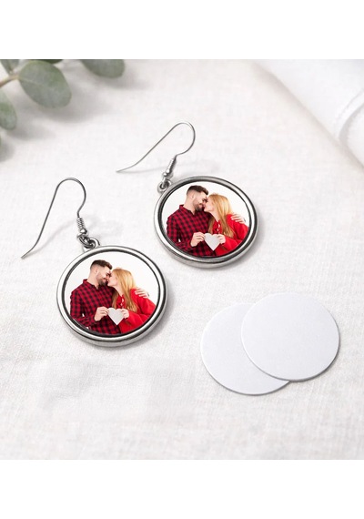 Bk Gift Kişiye Özel Gümüş Sallantılı Yuvarlak Küpe Fotoğraf & Logo Baskılı Şık Kadın Küpe Seti