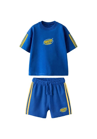 Monila Erkek Çocuk Pamuklu Saks Baskılı T-shirt Ve Şort Alt Üst Takım Lacivert