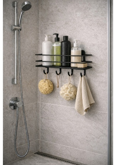 Alper Banyo Siyah Yapışkanlı 4 Kancalı Banyo Rafı Ve Havlu Askısı