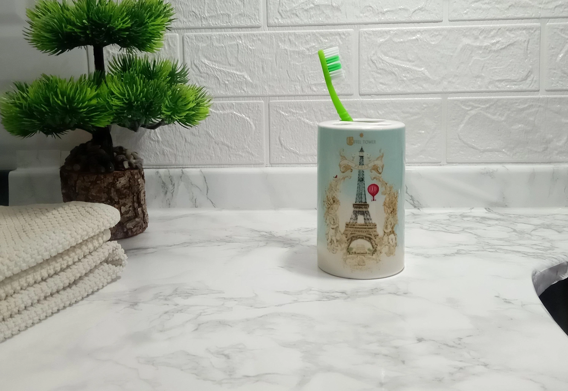 2 Adet Seramik Diş Fırçalık Romantik Yeşil Model 7x7x11cm Banyo Seti Çok Renkli