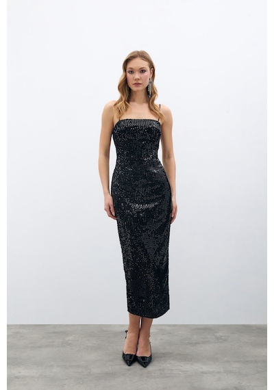 Sateen Kadife Payetli Uzun Elbise - Siyah-135578 Siyah