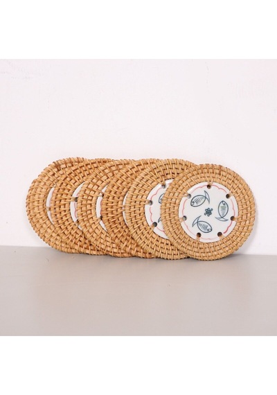 3 Balık 6'lı Doğal Rattan Ve El Yapımı Seramikli Bardak Altlığı Diğer