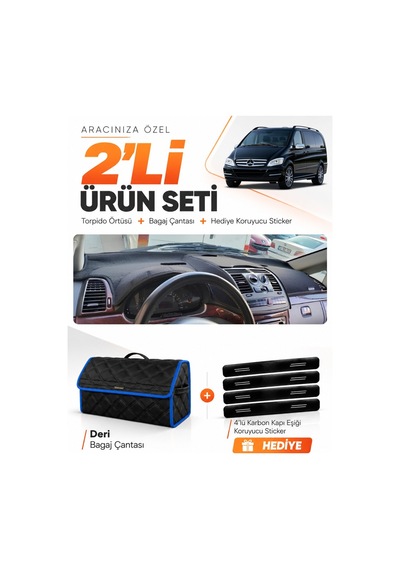 Mercedes Viano W639 2003-2014 Uyumlu Torpido Örtüsü + Deri Bagaj Çantası + Sticker - Siyah Mavi