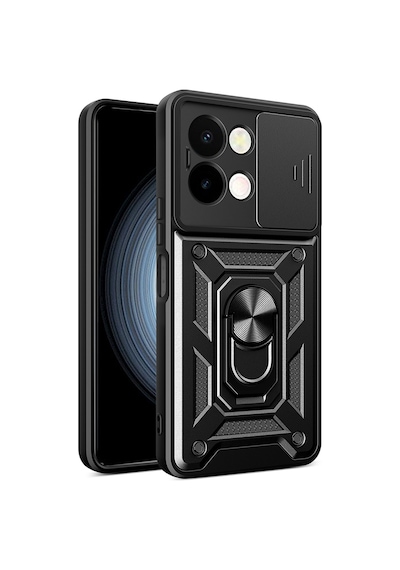 Vivo Y28 Kılıf Sürgülü Kamera Koruyucu Manyetik Standlı Tank Koruma Celikaksesuar Siyah