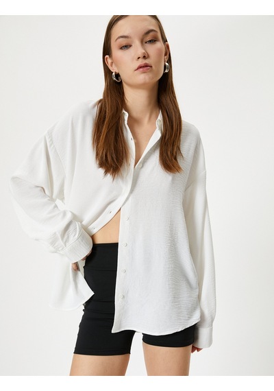 Koton Oversize Gömlek Uzun Kollu Dokulu Beyaz 4sal60166ıw Beyaz