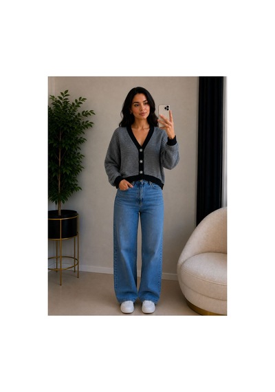 Hira Life Fashion Kadın V Yaka Düğmeli Şeritli Kısa Crop Ceket-hırka Antrasit Antrasit