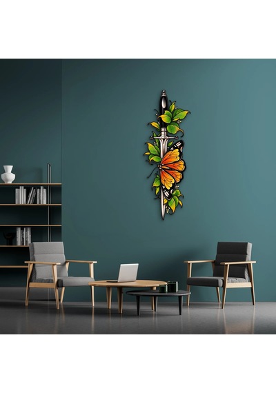 Antik Bıçak, Yapraklar Ve Kelebek - Metal Tablo - Dec0269 27 X 75 Cm Çok Renkli
