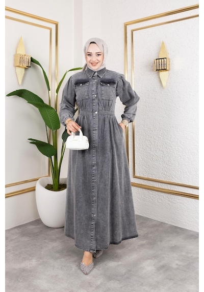 Harman Butik Kadın Düğmeli Cepli Kot Elbise Siyah Siyah