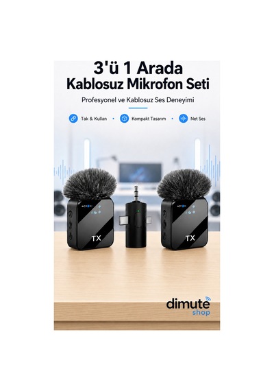 3'ü 1 Arada Kablosuz Mikrofon Seti Gürültü Önleyici, Type-c Uyumlu, 2x Verici - 737934524