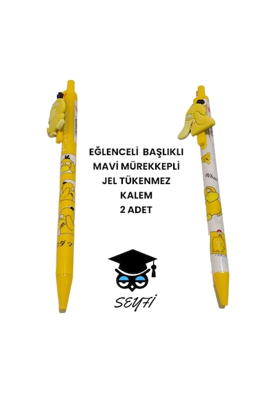 Eğlenceli Başlıklı İnce Uçlu Jel Tükenmez Kalem Mavi Mürekkep 20