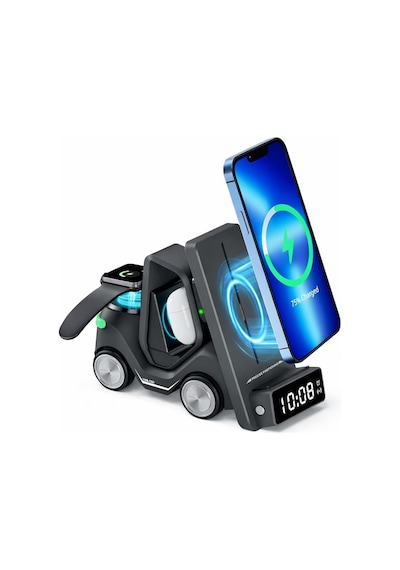 T20 15w 5'i 1 Arada Magsafe Kablosuz Şarj İstasyonu, Dijital Saatli Forklift Tasarım, İphone 16/15/14/13/12, Apple Watch, Airpods Uyumlu Masaüstü Hızlı Şarj Standı Siyah