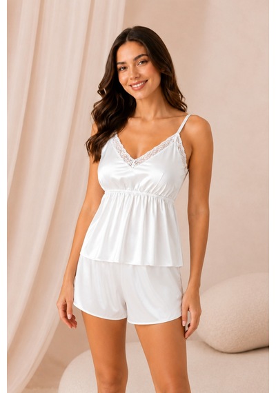 Loule Kadın Ekru Dantel Bantlı Askılı Şortlu Pijama Takımı Saten