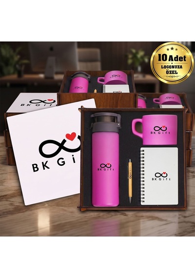 Logonuza Özel 10 Adet Ahşap Kutulu Pembe Kurumsal Hediye Seti Cam Suluk, Seramik Fincan, Defter Ve Kalemli Promosyon Seti