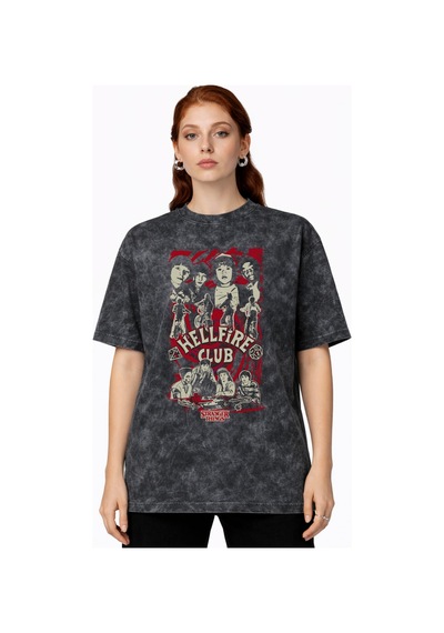 Sevbano Tasarım Stranger Things Dizi Baskılı Unisex Oversize Vintage Yıka Siyah