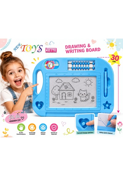 Kette 30 Cm Eğitici Manyetik Çizim Ve Yazı Tahtası Abaküslü Aktivite Oyuncağı Mavi