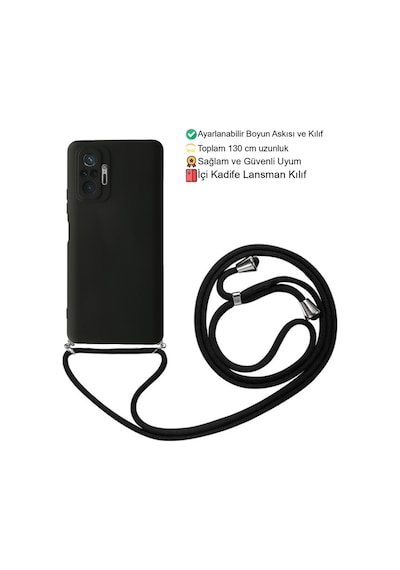 Xiaomi Redmi Note 10 Pro Telefon Kılıfı - Boyun Askılı Lansman İçi Kadife Yumuşak Silikon Siyah