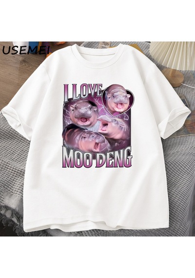 Flood Of Style Ben Aşk Moo Deng T Shirt Kadın Erkek Komik Moo Deng Fan Kulübü Hippo Sevgilisi T-shirt Pamuk Beyaz