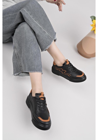 Nesilshoes Nesil Shoes Comfo 101 Siyah Taba Hakiki Soft Deri Kadın Sneakers