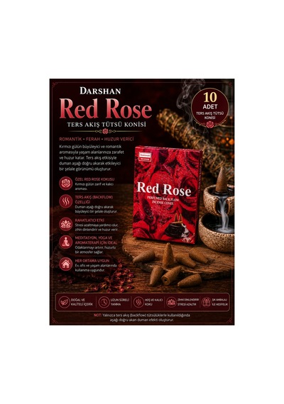 Darshan Red Rose Ters Akış Backflow Tütsü Konisi 10'lu Paket
