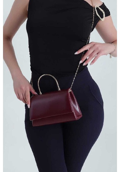 Names Bag Zincir Askılı Abiye Omuz Çnatası - Gold Metal Kulplu Şık Davet Çantası Bordo Bordo