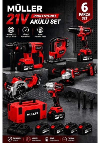 Pro Müller Kömürsüz Motor 6'lı Profesyonel Set Kırıcı Delici Somun Sıkma Taşlama Makinesi Matkap Dekupaj Sunta Kesme