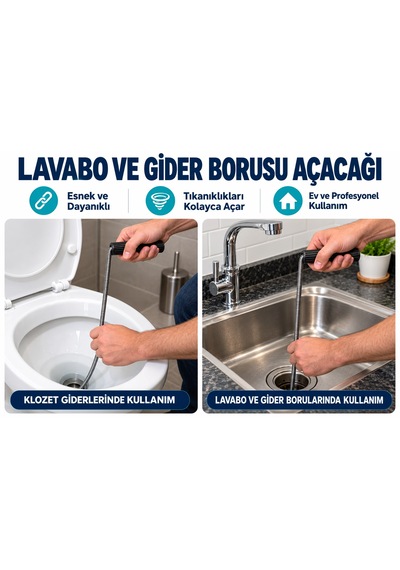 8 Metre 6mm Lavabo Tuvalet Gider Boru Açıcı Klozet Alaturka Paslanmaz Çelik