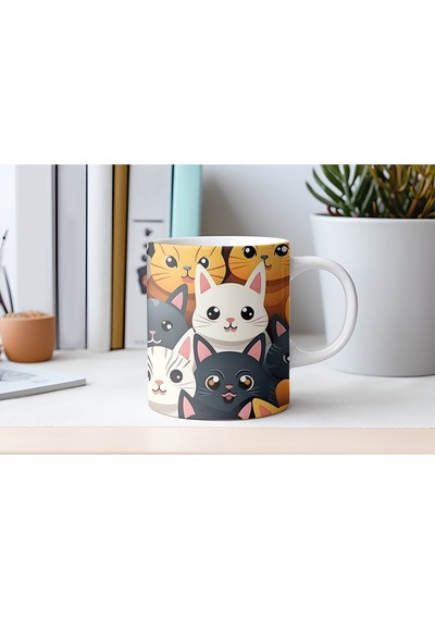 Renkli Kedi Desenli Kupa Bardak Sevimli Yüzlü Kahve Ve Çay Kupası - Hediye Beyaz