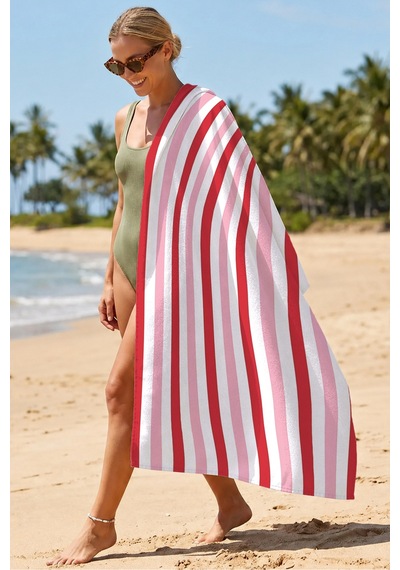 Çizgili Kırmızı Pembe Beyaz Plaj Havlusu - Modern Marine Stil Hızlı Kuruyan Mikrofiber Havlu Sessiz Köpüğü