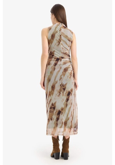 DeFacto Bodycon Vücudu Saran Batik Tül Kolsuz Maxi Elbise E8340AX25SPBN226