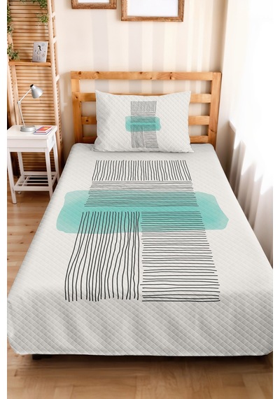 Geometrik Çizgili Mint Genç Odası Tek Kişilik Pike Takımı - Siyah 160x220 Cm Kapitone Yatak Örtüsü Killi Bozkır Harmonu