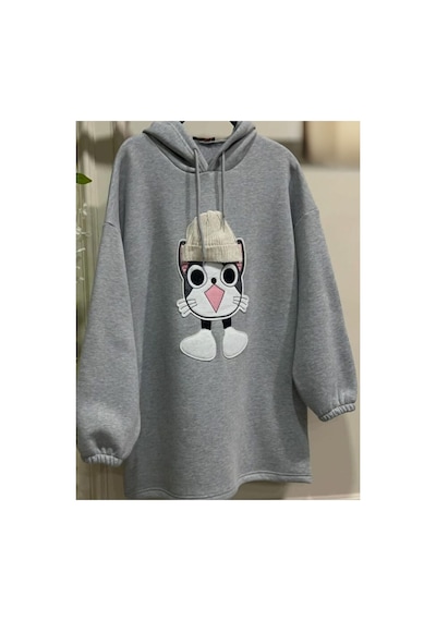 Çınar Boutique Kedicik Desenli Kapişonlu Sweetshirt-gri - M Gri Gri