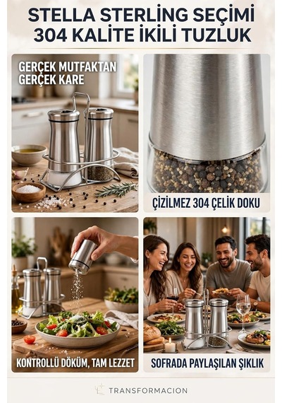 İkili Tuzluk Biberlik Seti 13 Cm 18/10 304 Paslanmaz Çelik Standlı Cam Baharatlık 723495 Diğer