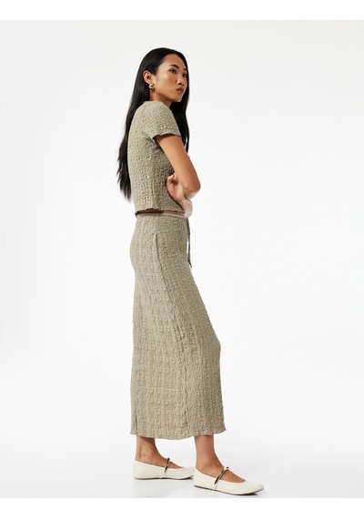 Koton Beli Bağcıklı Slim Fit Bürümcük Kumaş Dokulu Midi Kalem Etek Haki 6wak10203ek Haki