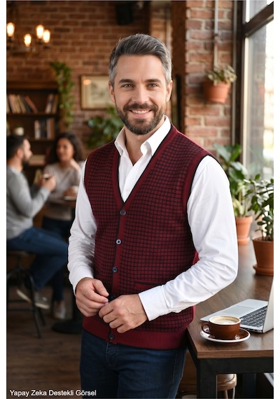 Kamalı Erkek Bordo Tüylenme Yapmayan Anti Pilling Kumaş Standart Fit Cepli Kışlık Kazayağı Triko Yelek