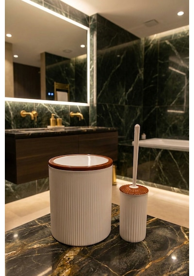 Makri Home 2'li Banyo Seti, Çöp Kovası Ve Wc Fırçalık, Beyaz, Hacim: 6 Litre Beyaz