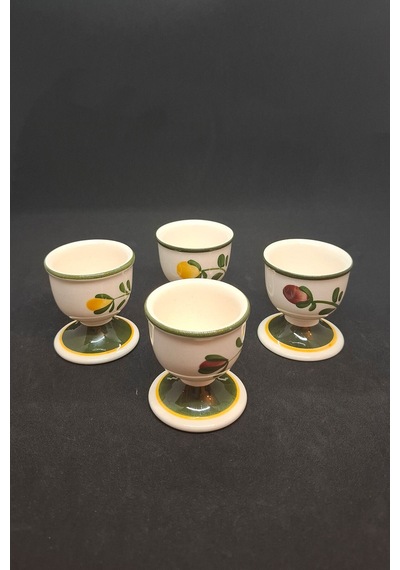 El Boyaması Çiçekli Mettlach Porselen 4 Adet Vintage Yumurtalık Haki