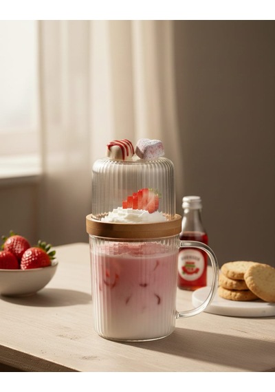 Sunum Fanuslu Bambu Kapaklı Şık Cam Kupa Seti 300ml Cam - Şeffaf