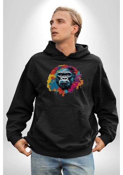 Renkli Maymun Goril Kadın Erkek Siyah Kapüşonlu Sweatshirt Hoodie Siyah