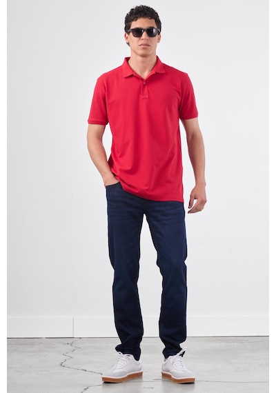 Dufy Kırmızı Polo Yaka Pamuklu Düz Renk Slim Fit Erkek T-shirt Kırmızı