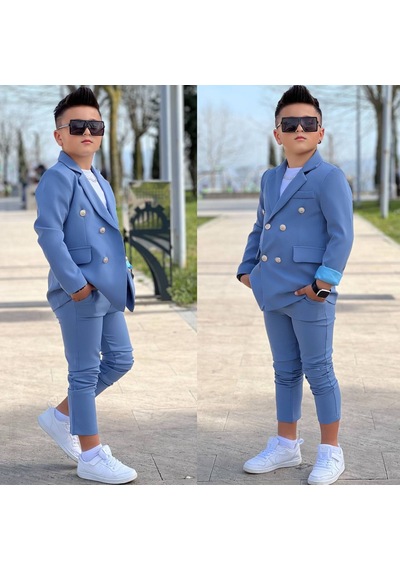 Modavals 4 Parça 6 Düğmeli Ceketli Erkek Çocuk Takım Elbise - Beyaz Tshırt Mavi