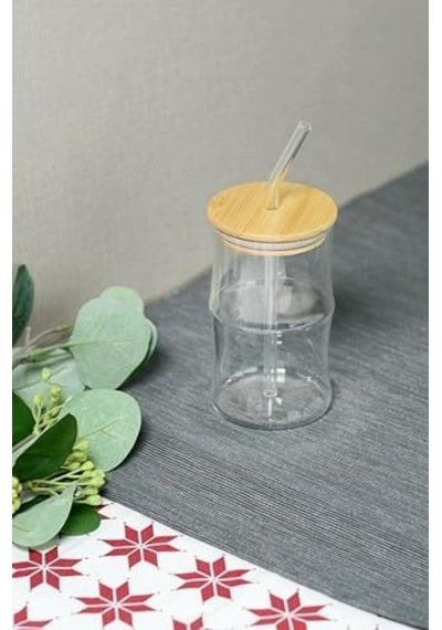 Bambu Kapaklı Cam Pipetli 330 Ml Borosilikat Bardak Açık Kırmızı