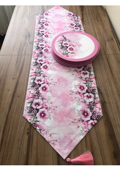 Pembe Çiçek Desenli Runner & Desenli Supla Çok Renkli