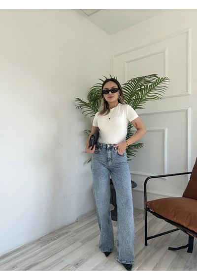 Keymoda Kadın Wide Leg Taşlı Jean Mavi