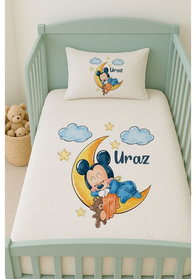 %100 Pamuk İsme Özel İsimli 100x150 Cm Pike Seti Ayda Uyuyan Mickey