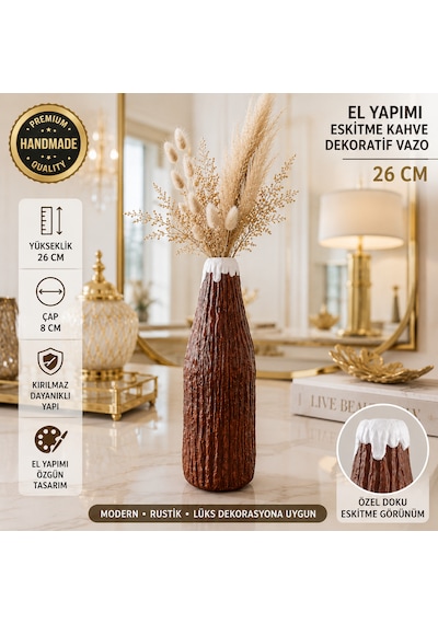 El Yapımı Dekoratif Vazo 26 Cm Kırılmaz Kahverengi Modern Salon Konsol Pampas Vazosu Beyaz - Kahverengi