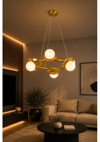 Modern Premium 6lı Eskitme Halka Sarkıt Avizesi Salon Mutfak Oturma Odası Modelleri 6 Ampül X G9 Duy Gold