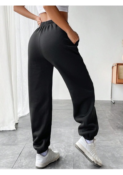 Coolane Skeleton Hand & Letter Graphic Elastic Waist 4 Mevsim Eşofman Siyah