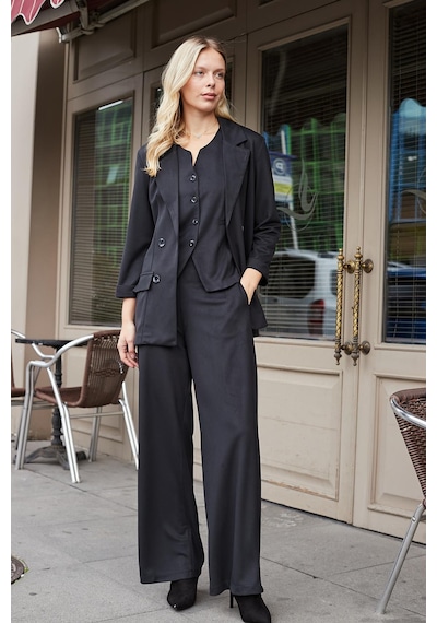 Kadın Süet Dokulu Kumaş Yakalı Capri Kol Cep Kapaklı Blazer Ceket-siyah Siyah