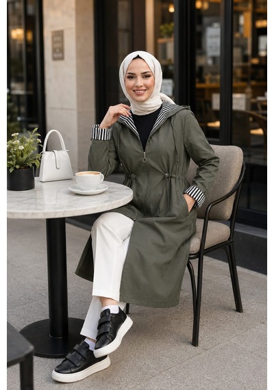 Hb Harma Time Butik Kadın Kapüşonlu Fermuarlı Ara Boy Bondit Kumaş Haki Trenç